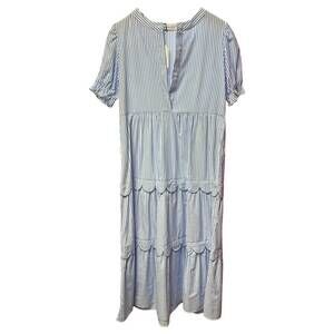 NEW SHEWIN women's stripe bubble sleeve scallop tiered dress in sky blue